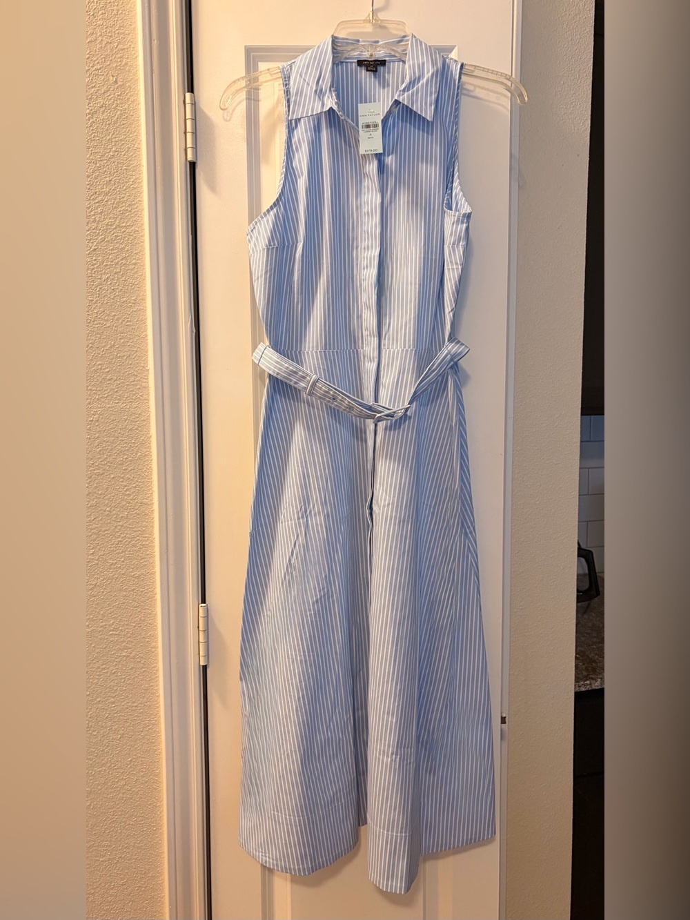 Ann Taylor Light Blue Pinstripe Midi Shirt Dress with Belt NWT - Picture 4 of 9
